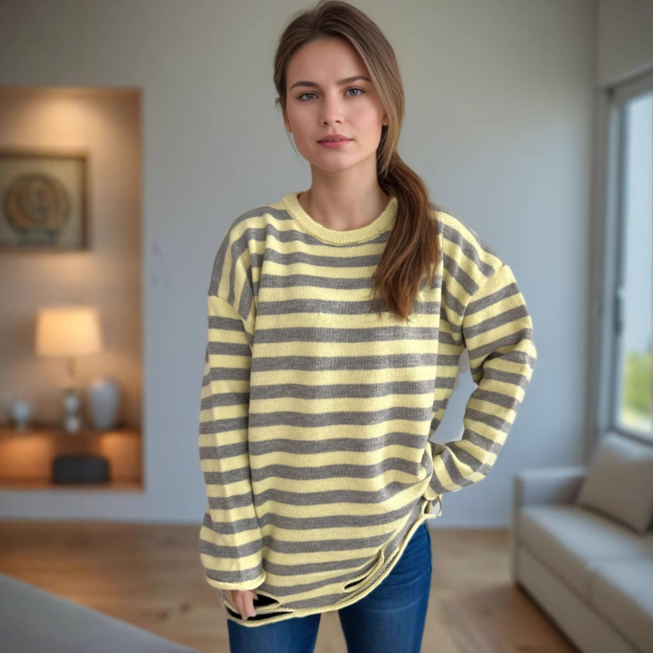 Damen gestrickter Oversized-Pullover mit lässigem Streifenmuster Drune