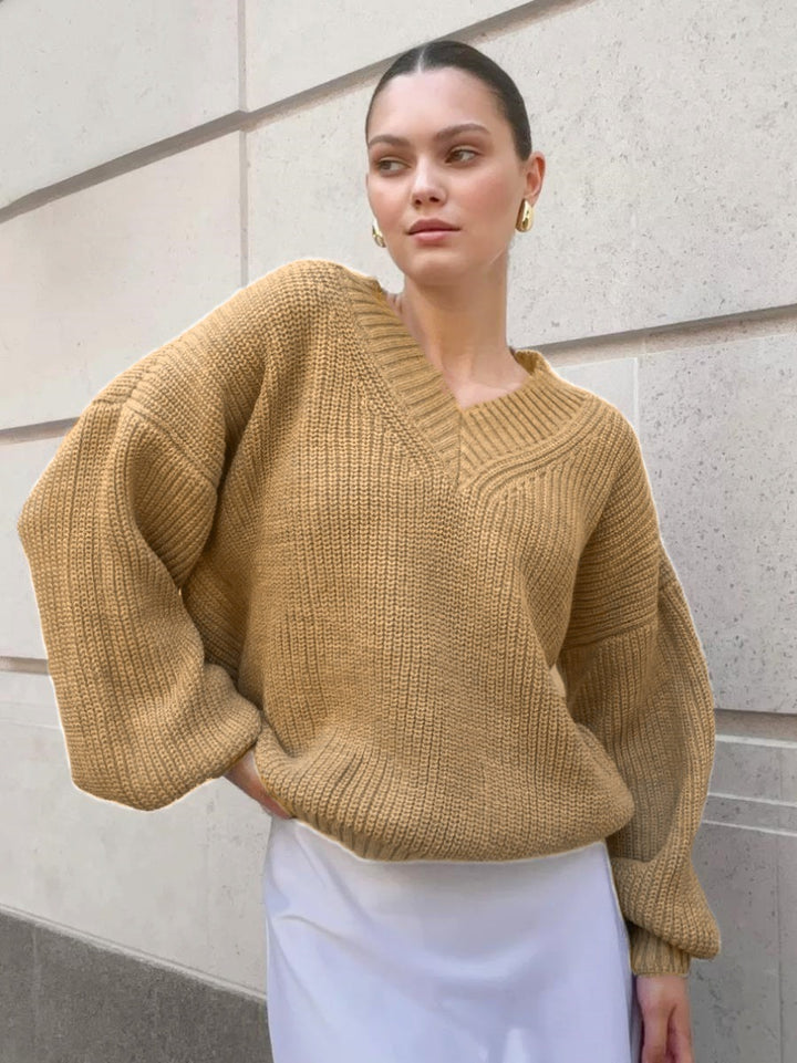 Damen V-Ausschnitt Strickpullover mit voluminösen Ärmeln und strukturierter Oberfläche Drune