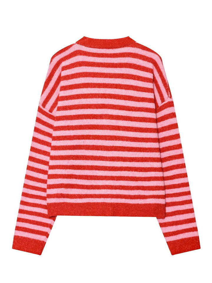 Damen modische gestreifte Strickjacke mit V-Ausschnitt und Knopfleiste Drune