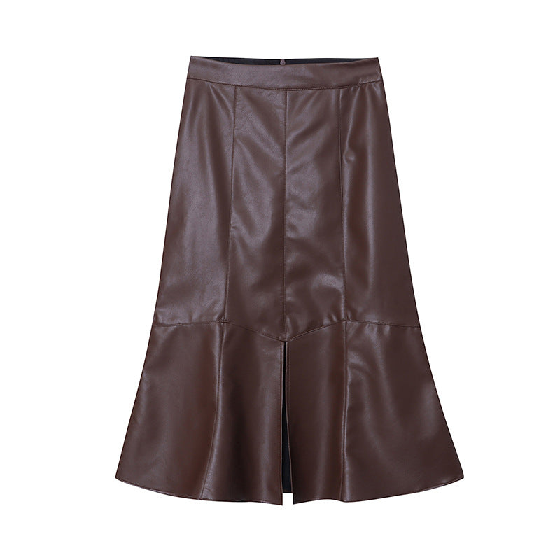 Damen Eleganter Lederrock mit ausgestelltem Schnitt Drune