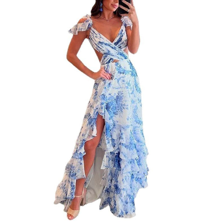 Damen Maxi-Kleid mit voluminösen Rüschen und floralem Design Drune