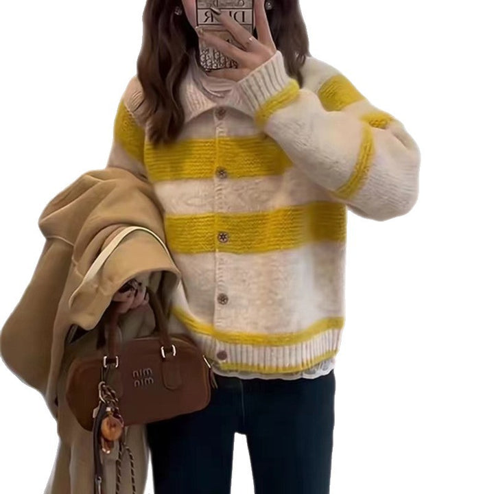 Damen kuschelige Strickjacke mit stilvollem Kragen und Streifenmuster Drune