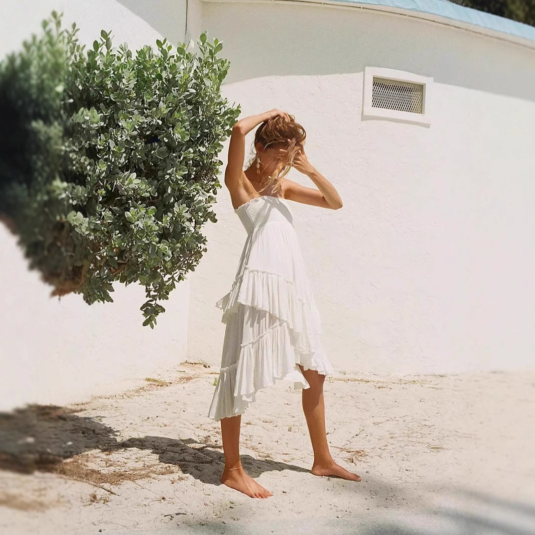 Damen fließendes Sommerkleid mit voluminösen Rüschen Drune