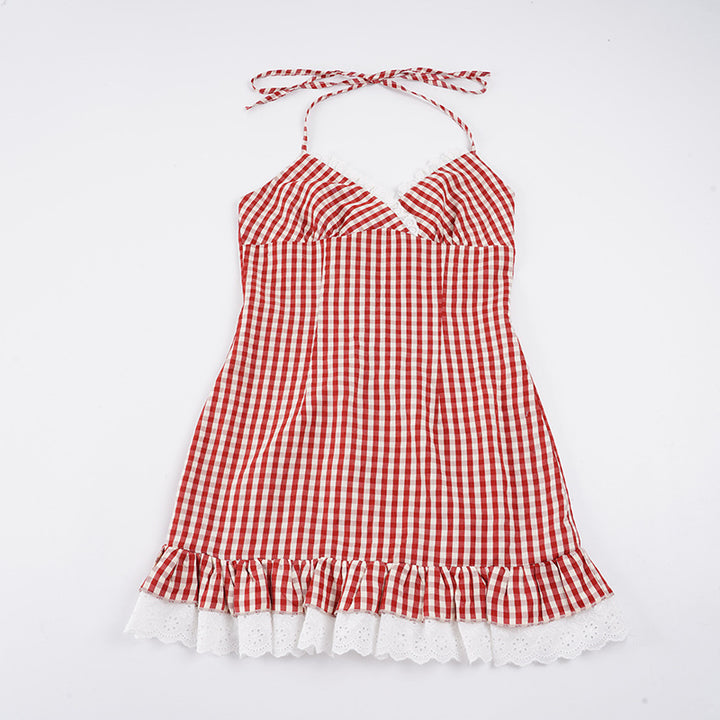 Damen Spaghetti-Trägerkleid mit verspieltem Vichy-Muster und Rüschensaum Drune
