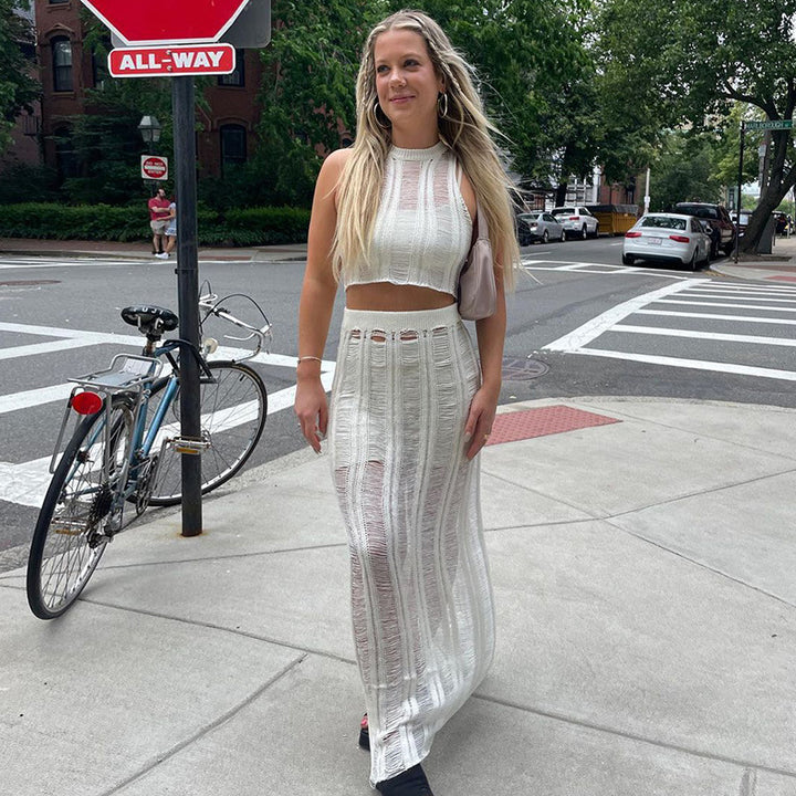 Damen gehäkeltes Crop-Top und Maxi-Rock-Set Drune
