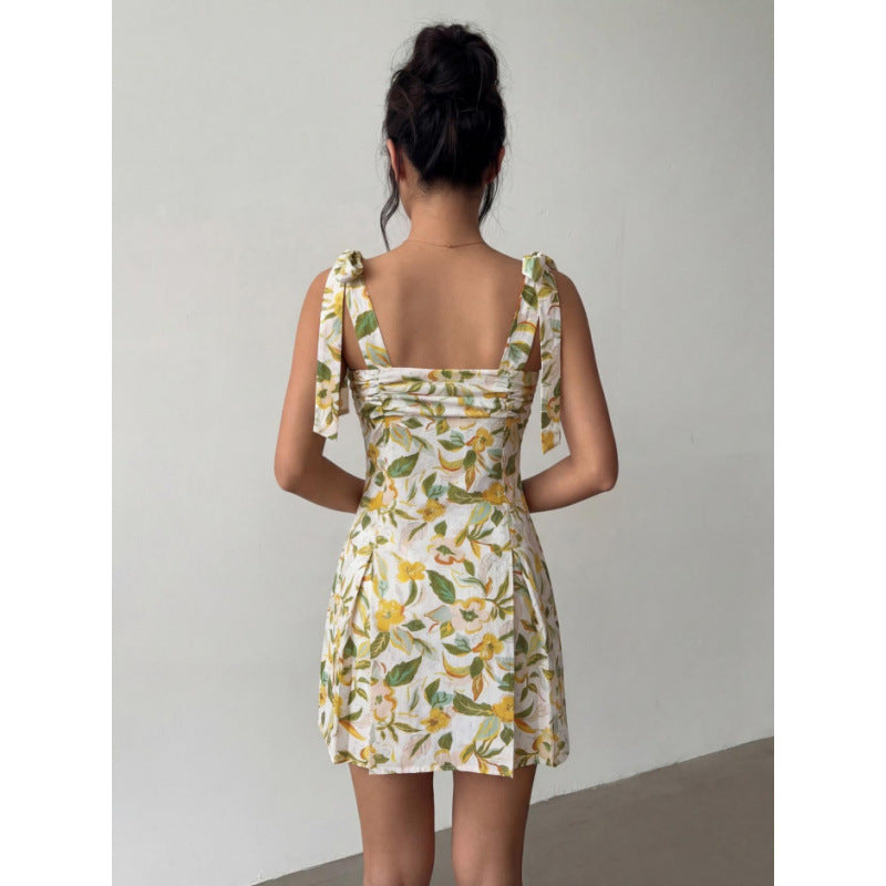 Damen Minikleid mit ärmellosen Bindeschultern und floralem Design Drune
