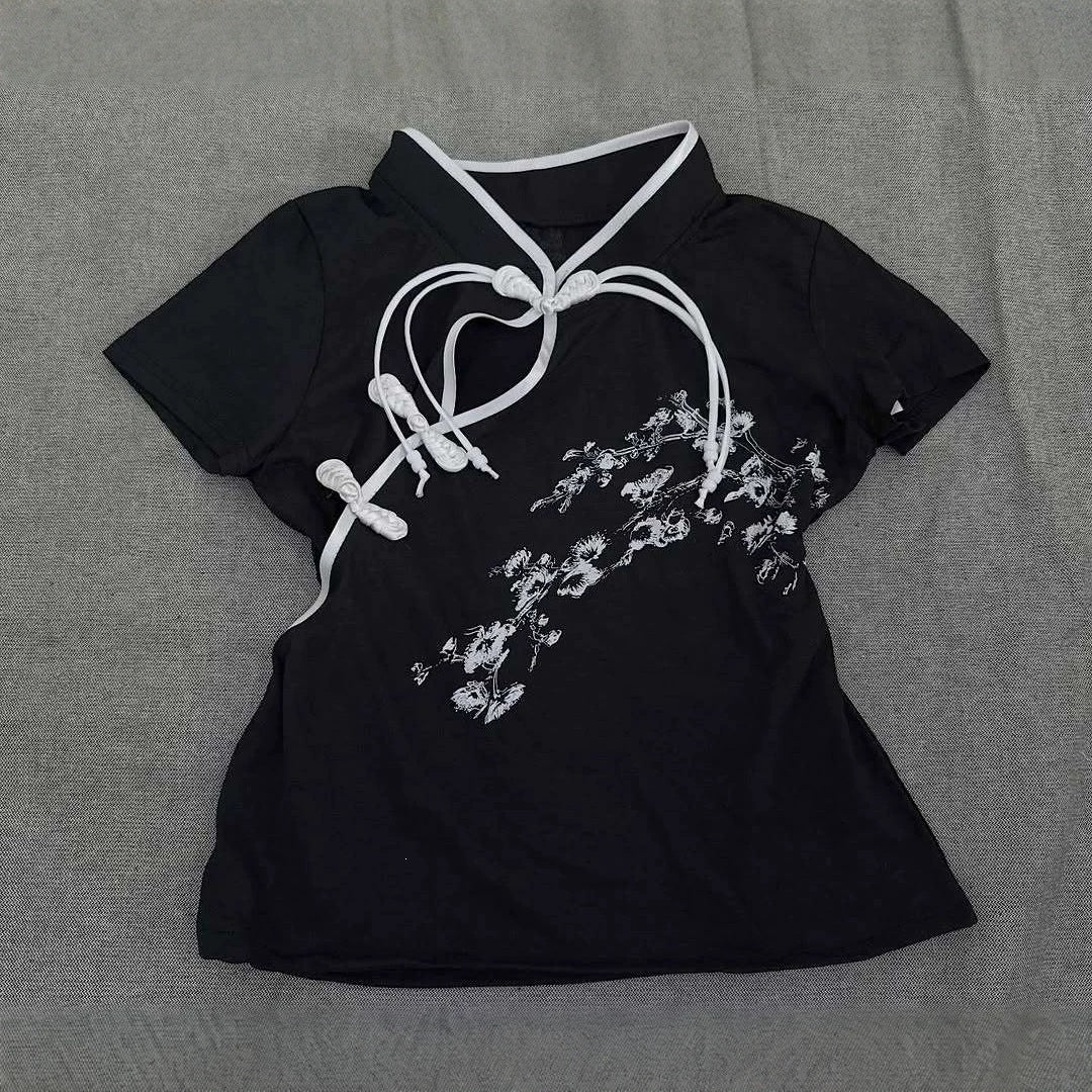 Damen Modernes Chinesisches Kurzarm-T-Shirt mit kreativem Knotendesign Drune