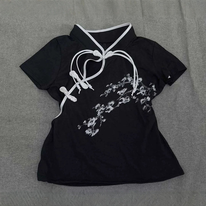Damen Modernes Chinesisches Kurzarm-T-Shirt mit kreativem Knotendesign Drune