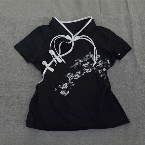 Damen Modernes Chinesisches Kurzarm-T-Shirt mit kreativem Knotendesign Drune