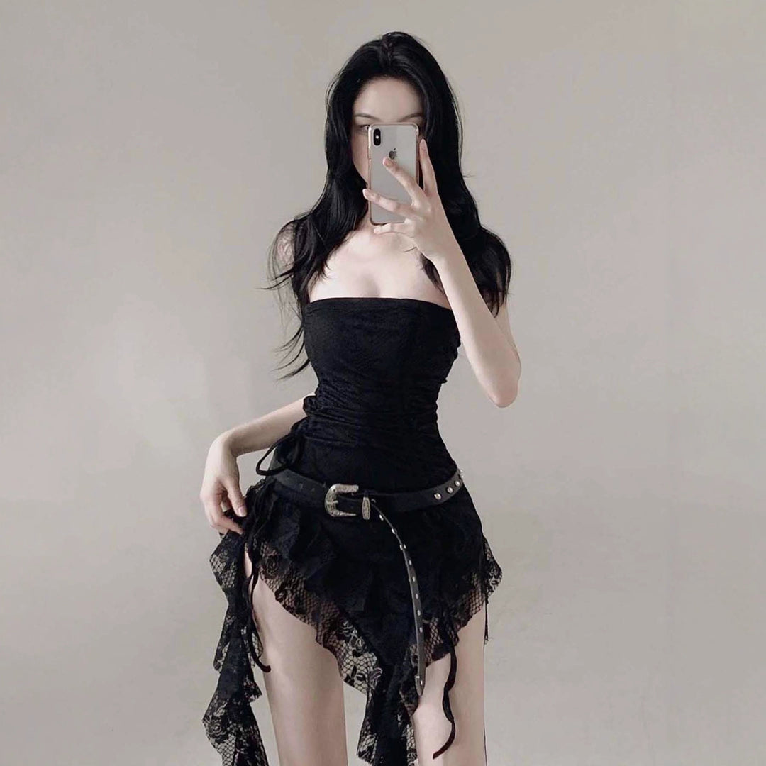 Damen Bodycon Kleid mit raffiniertem Rüschensaum und zusätzlichem Spitzenbesatz Drune