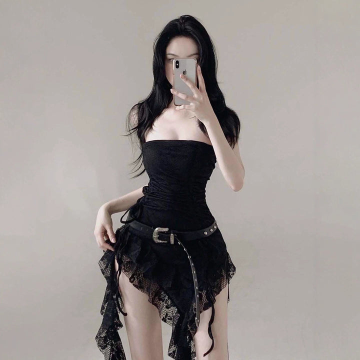 Damen Bodycon Kleid mit raffiniertem Rüschensaum und zusätzlichem Spitzenbesatz Drune
