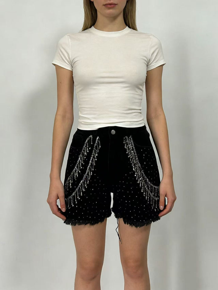 Damen Designer Denim-Shorts mit trendigen Kettenverzierungen Drune