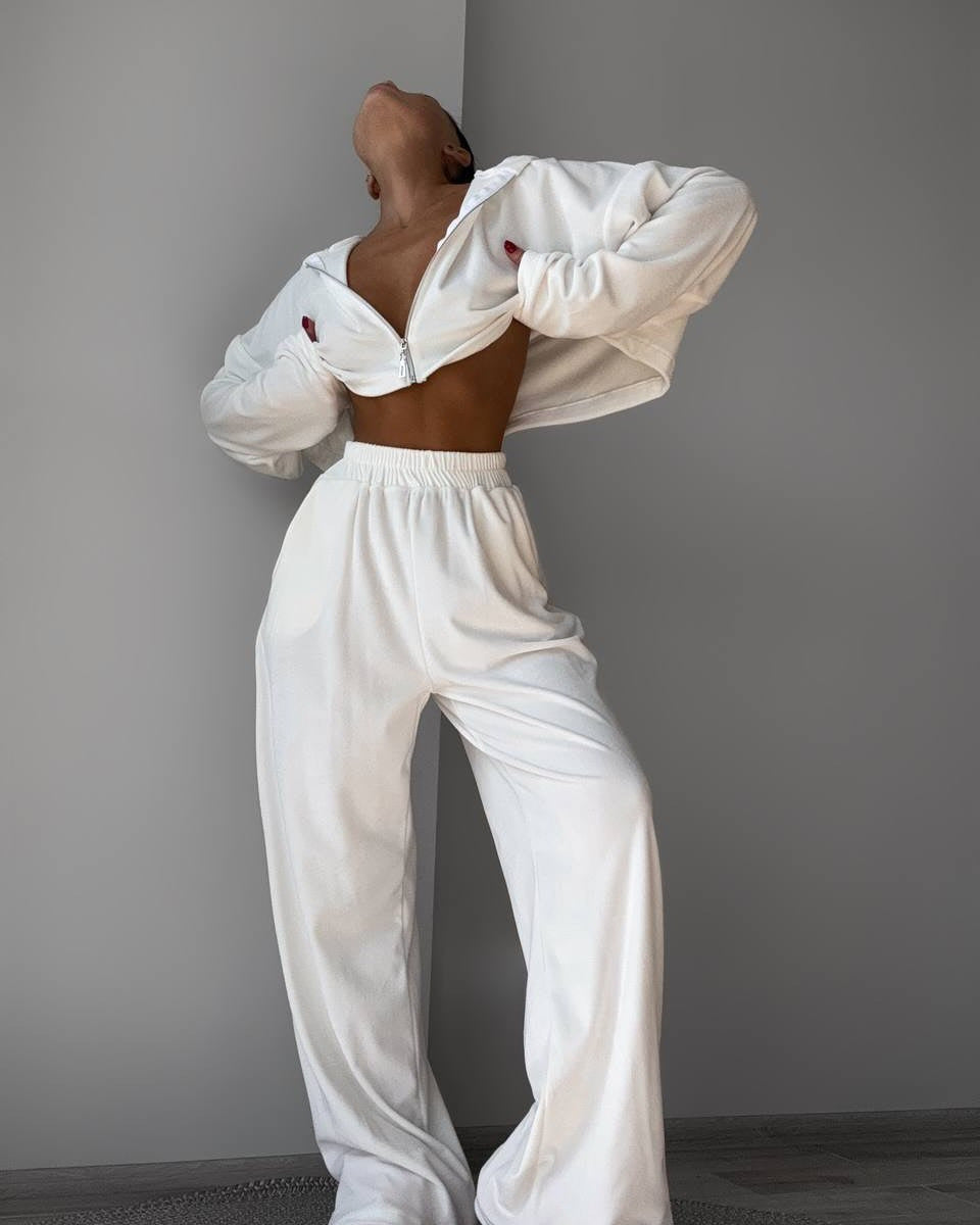 Damen Modisches Velours Set mit cropped Oberteil und weit geschnittenen Hosen Drune