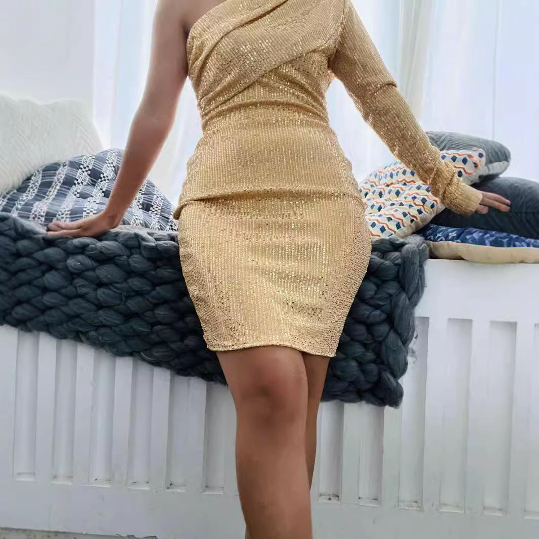 Damen Funktionsminikleid mit asymmetrischem Design und Kristallverzierung Drune