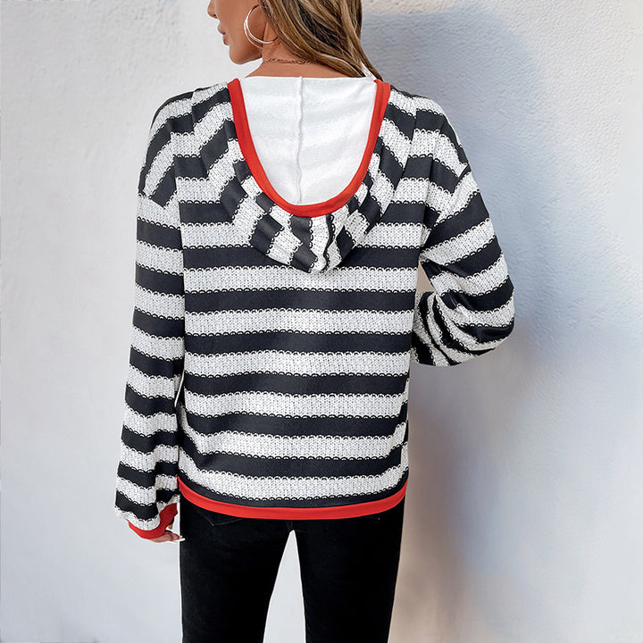 Damen Baumwoll-Pullover mit modischem V-Ausschnitt und gestreiftem Design Drune