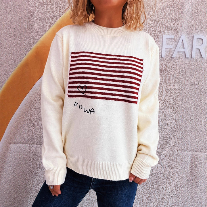 Damen lässiger Pullover mit gestreiftem Design und Herzapplikation Drune