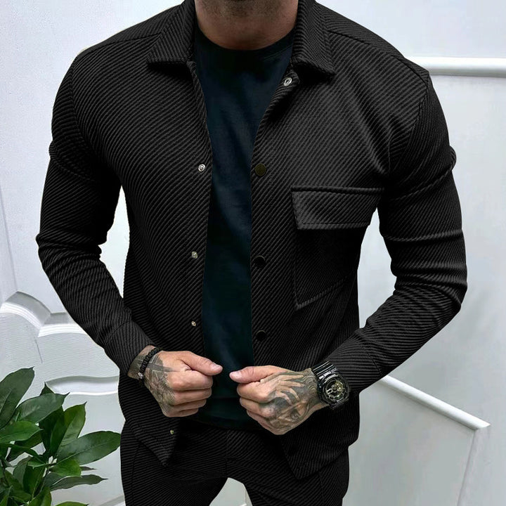Herren nan schlanke Rippenstruktur-Überhemdjacke mit Druckknopfverschluss und Brustklappe Drune