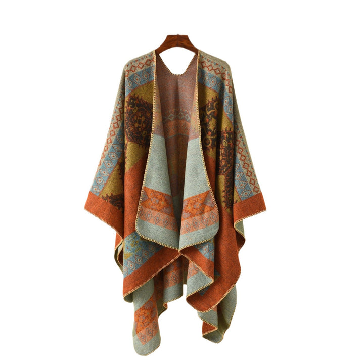Damen Modischer Poncho mit kunstvollem Muster und fransigen Kanten Drune