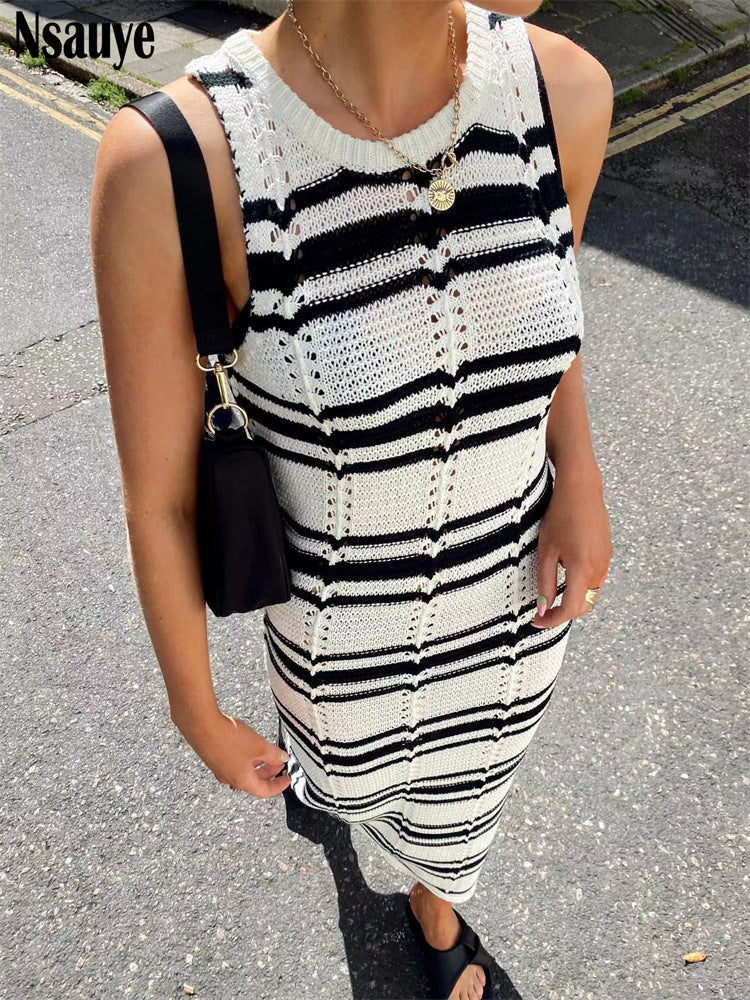 Damen Maxikleid aus gehäkeltem Stoff mit modernem Streifenmuster Drune