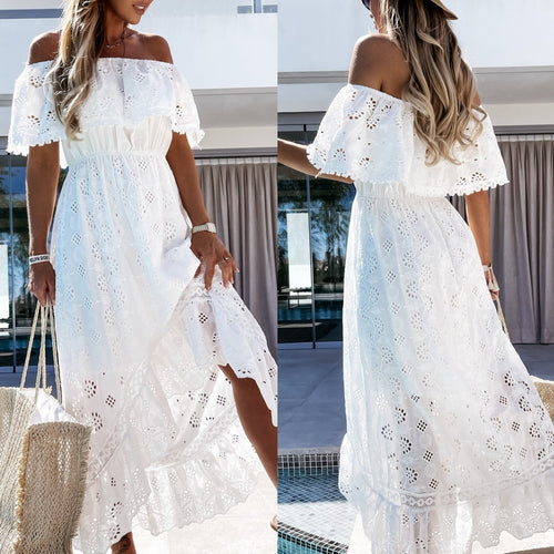Damen Maxikleid mit romantischem Broderie-Anglais und off-shoulder Design Drune