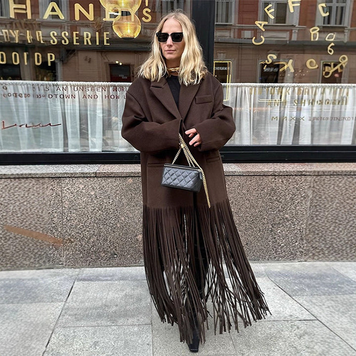 Damen Oversized Mantel mit Fransen Drune