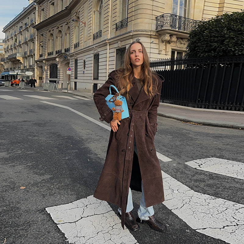 Damen Eleganter Long-Trenchcoat aus weichem Wildleder Drune