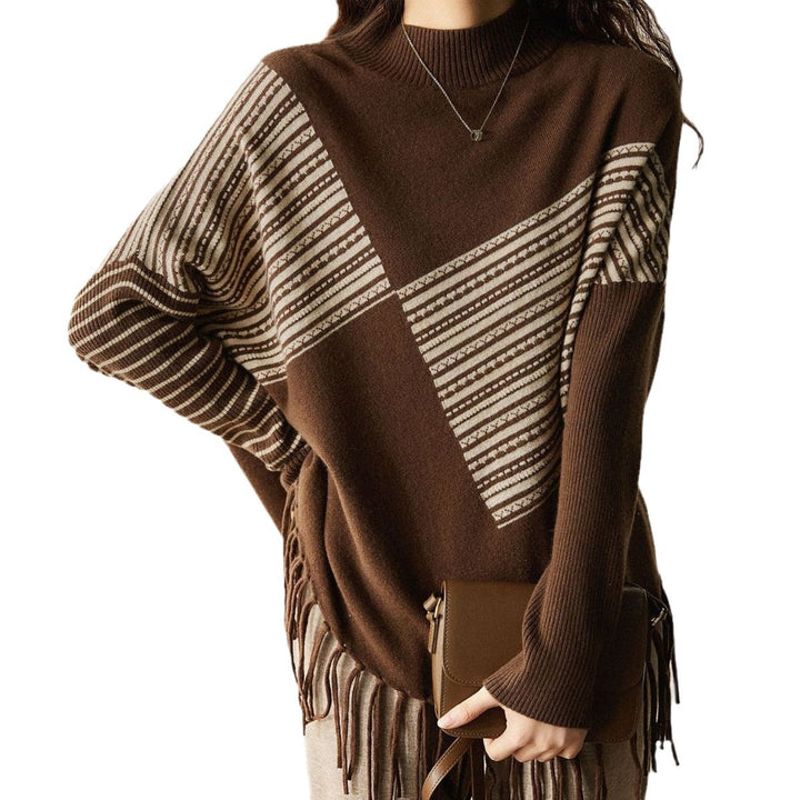 Damen Oversized Pullover mit grafischem Streifenmuster und Fransen Drune