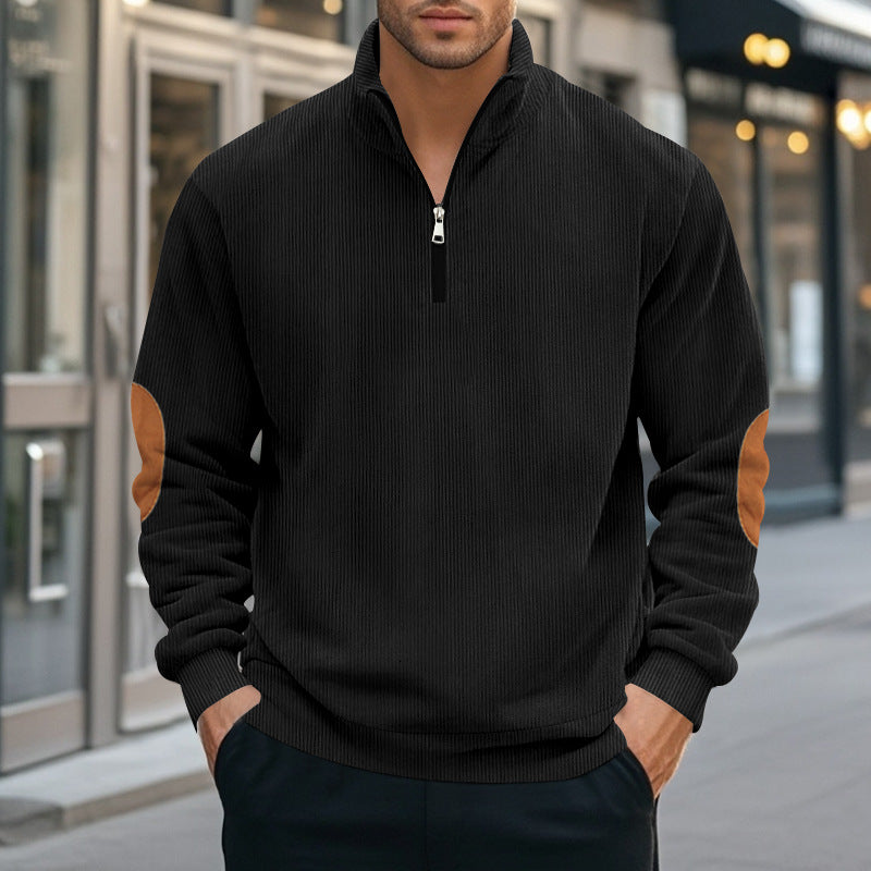 Herren nan Troyer-Halbfleecepullover mit Rippstruktur, elastischen Bündchen und Kontrast-Ellenbogenpatches Drune