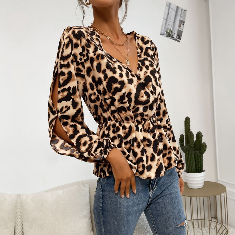 Damen Bluse mit Rüschendetails und Leopardenmuster Drune