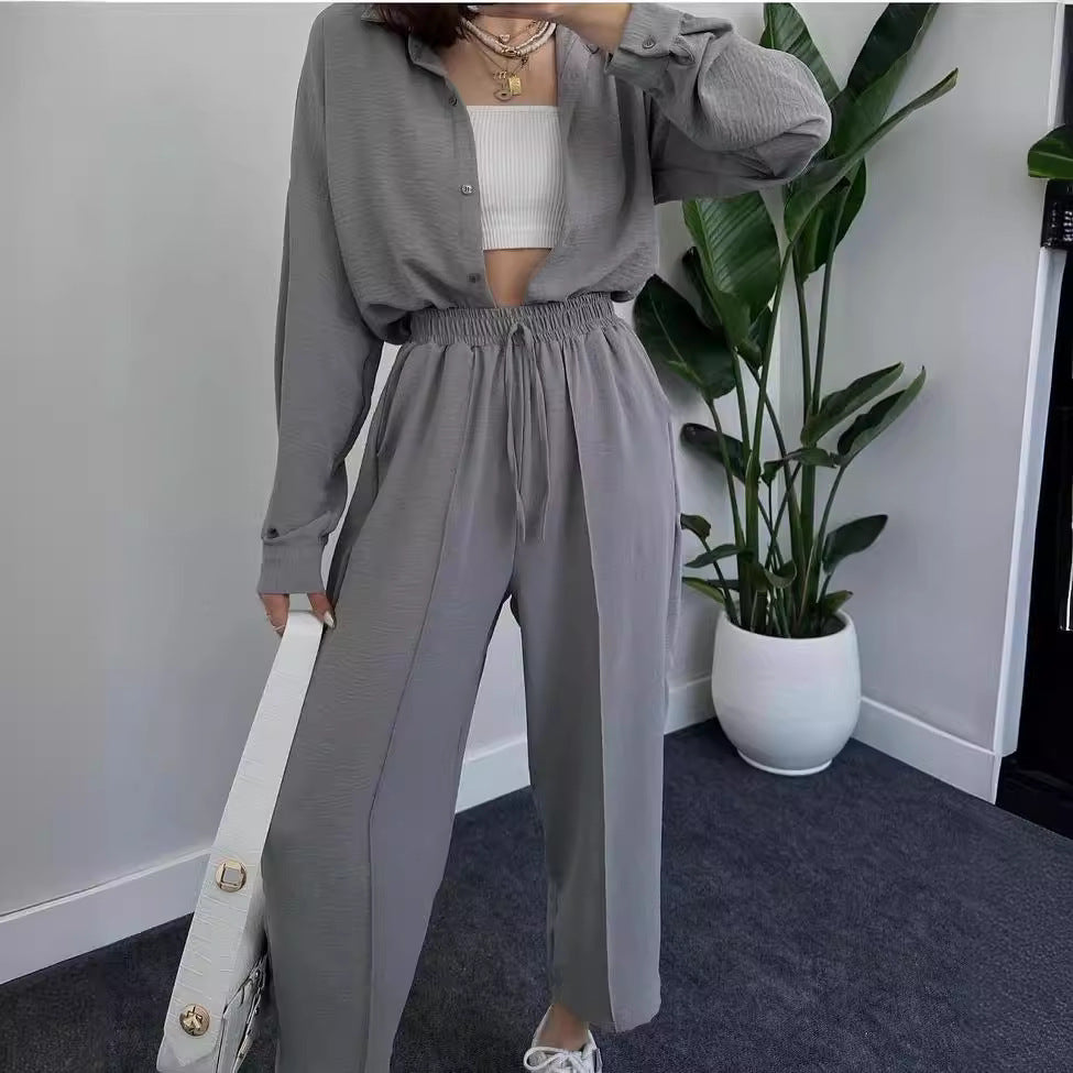 Damen Lässiges Zweiteiler-Set mit weitem Hemd und lockerer Hose Drune