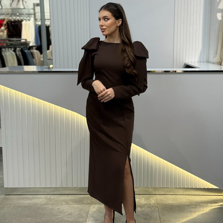 Damen Maxi-Kleid mit eleganten Puffärmeln und seitlichem Schlitz Drune