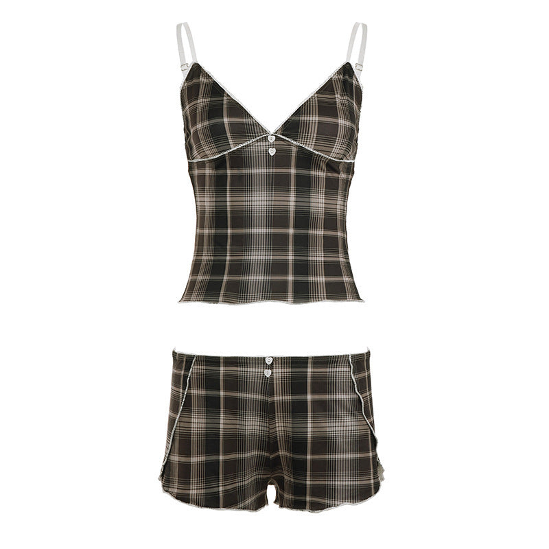 Damen Schlafanzug mit Karomuster und elegantem Spitzendetail Drune