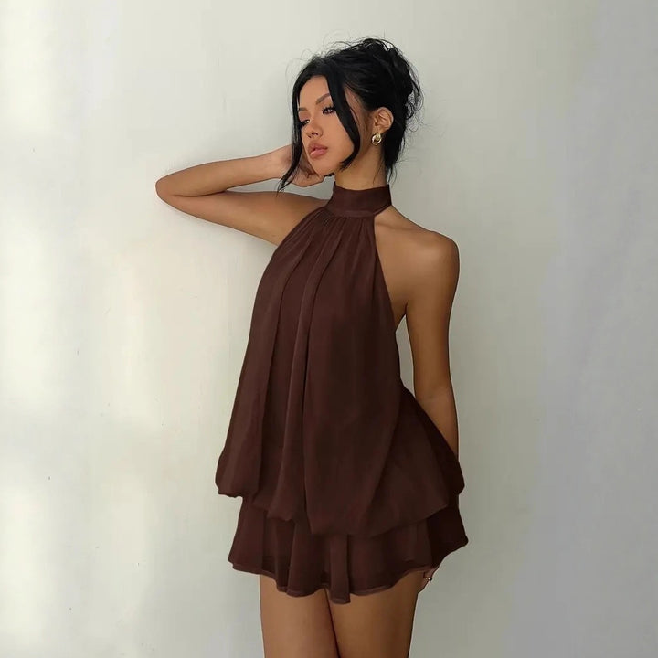 Damen elegantes Hochgeschlossenes Minikleid mit fließendem Stoff und verspieltem Volant Drune