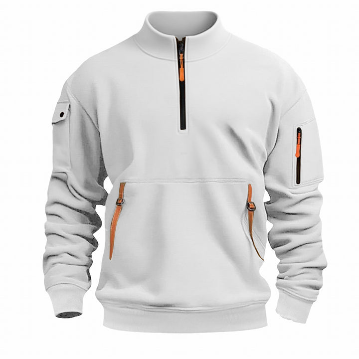 Herren nan Sweatshirt mit Stehkragen, halbem Reißverschluss, Kängurutasche und Ärmeltasche Drune