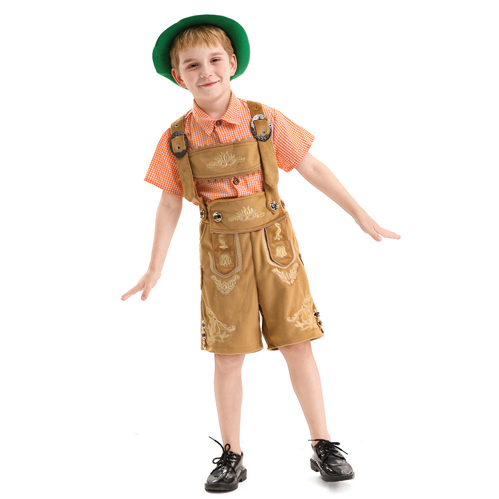 Unisex nan traditionelles Kinder Trachten-Set Lederhose mit Stickerei und kariertem Hemd Drune