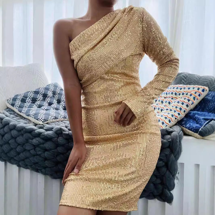 Damen Funktionsminikleid mit asymmetrischem Design und Kristallverzierung Drune