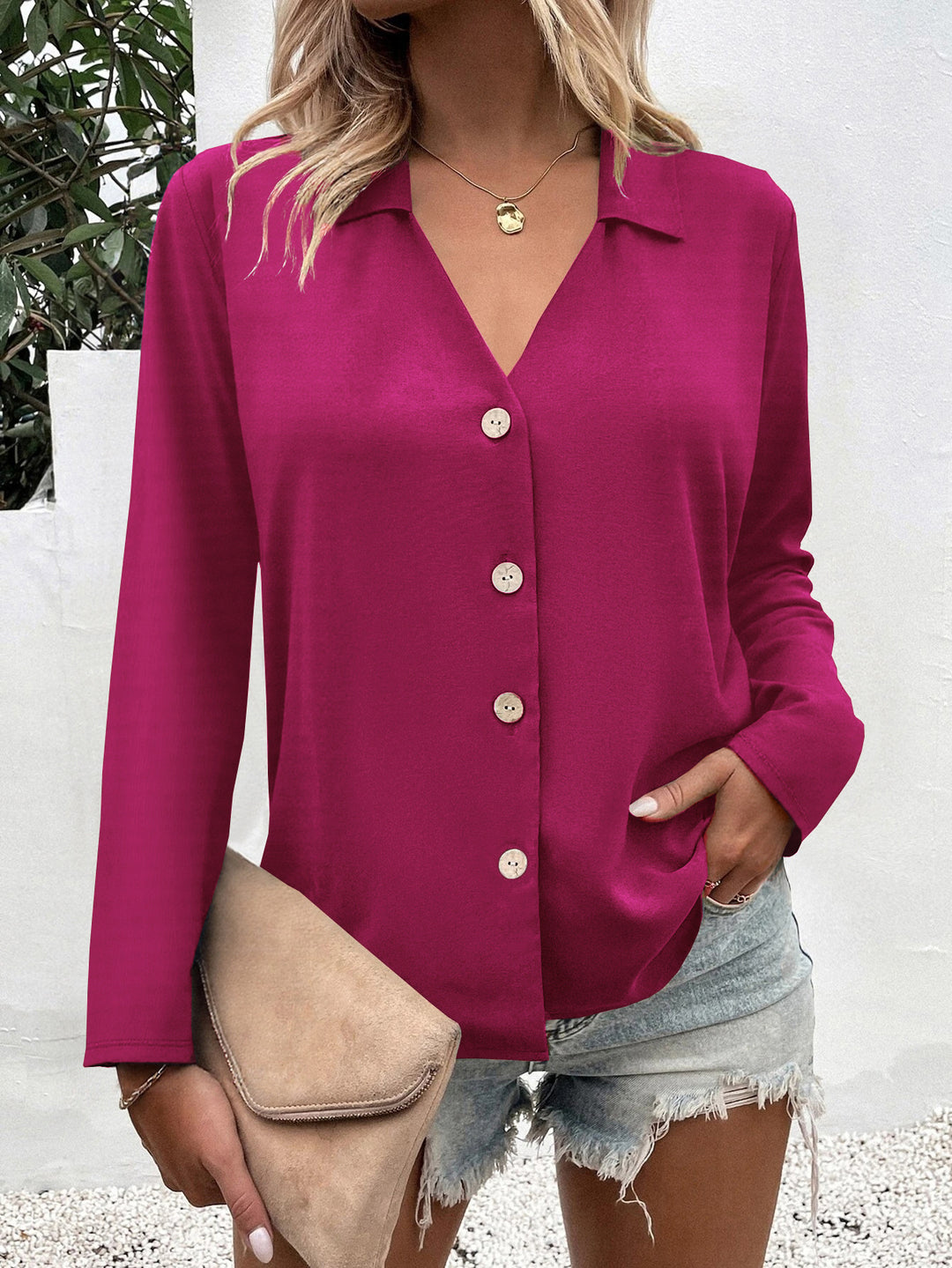 Damen Modische Bluse mit V-Ausschnitt und Knopfdetails Drune
