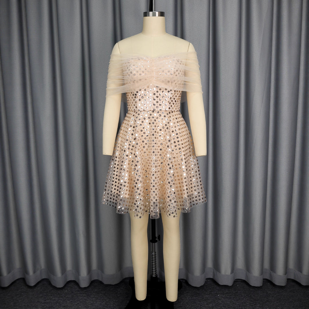 Damen Glamouröses Cocktailkleid mit transparentem Tüllüberzug und funkelnden Pailletten Drune