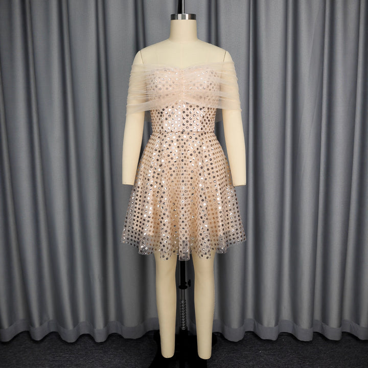 Damen Glamouröses Cocktailkleid mit transparentem Tüllüberzug und funkelnden Pailletten Drune