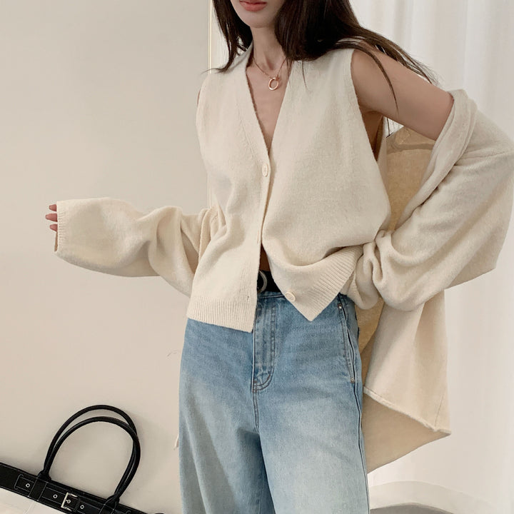 Damen lässiger Strickcardigan mit Knopfverschluss und voluminösen Ärmeln Drune