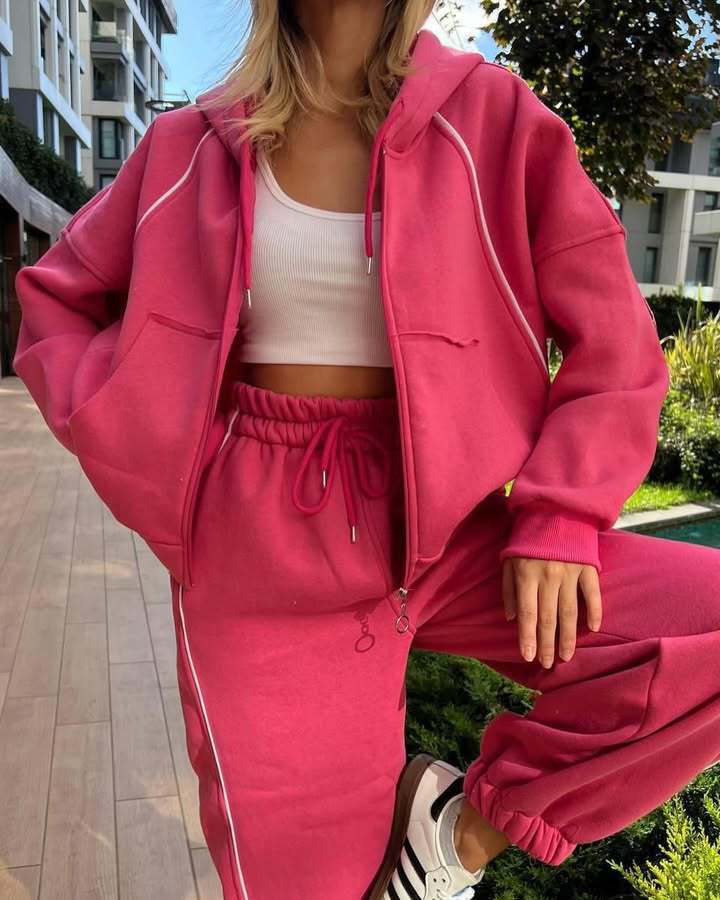 Damen nan kurzes Zip-Hoodie und Highwaist Jogginghose Set mit elastischem Komfortbund und seitlicher Paspel Drune