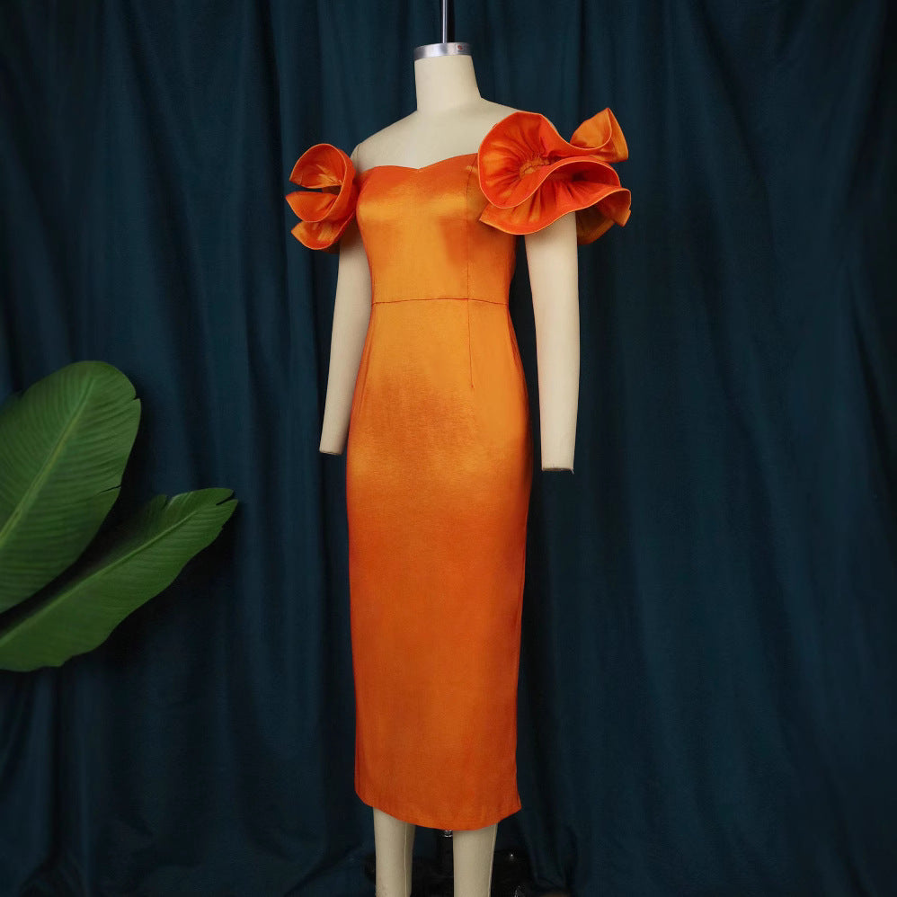 Damen figurbetontes Abendkleid mit voluminösen Rüschenträgern Drune