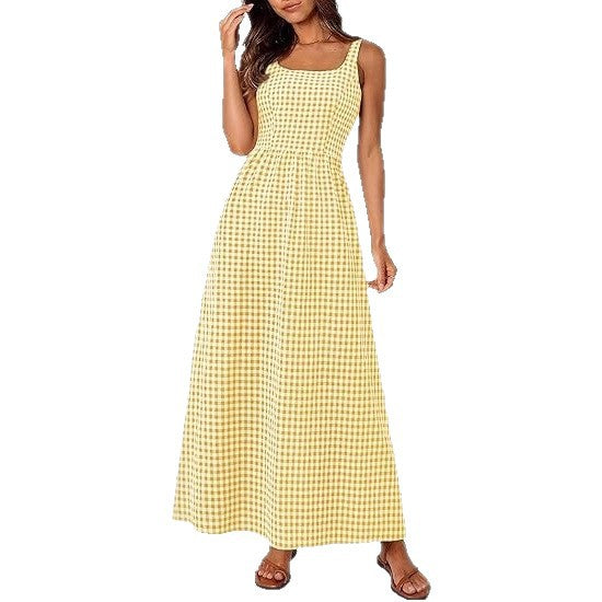 Damen Maxikleid im klassischen Karomuster mit verstellbaren Trägern und elastischem Bund Drune