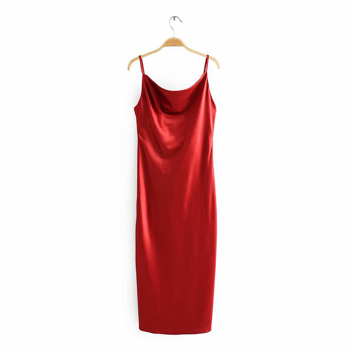 Damen Satin-Midikleid mit verführerischem V-Ausschnitt und Spaghettiträgern Drune