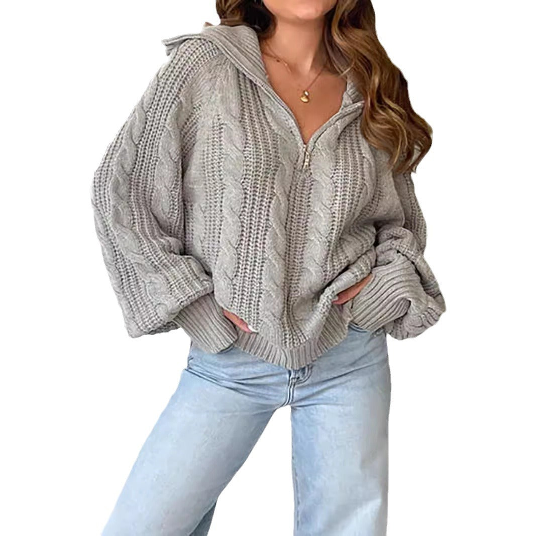 Damen lässiger Strickpullover mit Kapuze und Zipper Drune