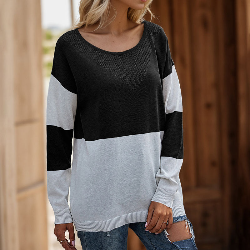 Damen lässiger Strickpullover mit modernem Blockdesign und hohem Rundhals Drune