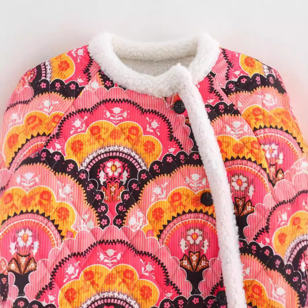 Damen gesteppte Überwurfjacke mit buntem Muster und flauschigem Innenfutter Drune