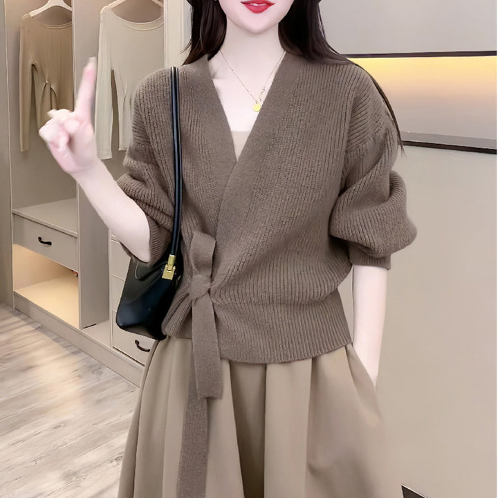 Damen Wickelpullover mit breiten Ärmeln und Taillengürtel Drune
