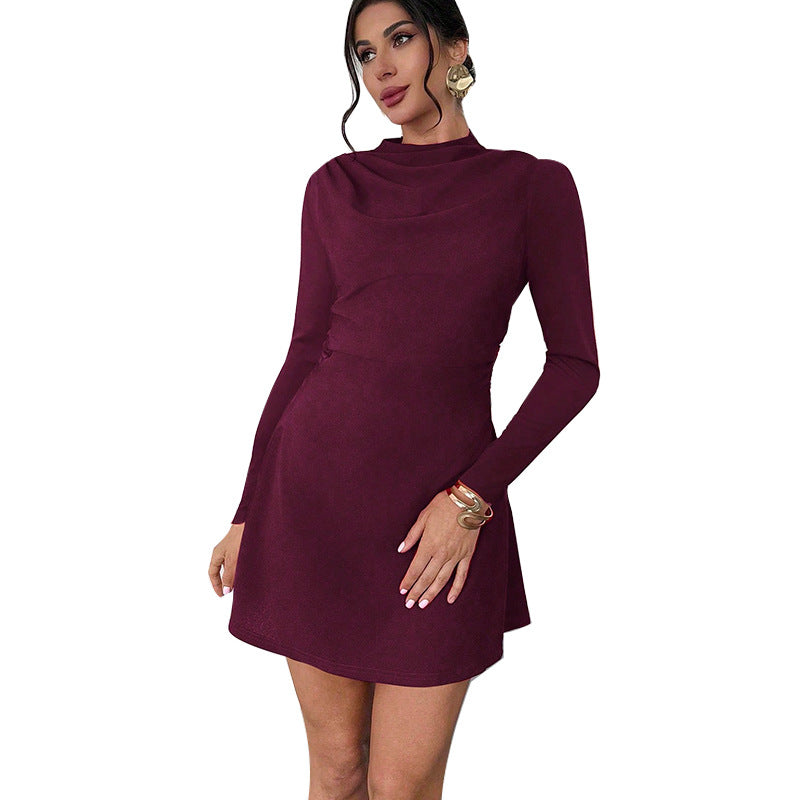 Damen elegantes Jerseykleid mit klassischem Stehkragen und langen Ärmeln Drune