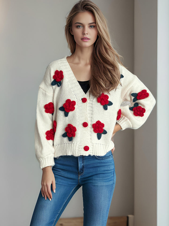 Damen Strickjacke mit floralen Applikationen und knöpfbarem Design Drune
